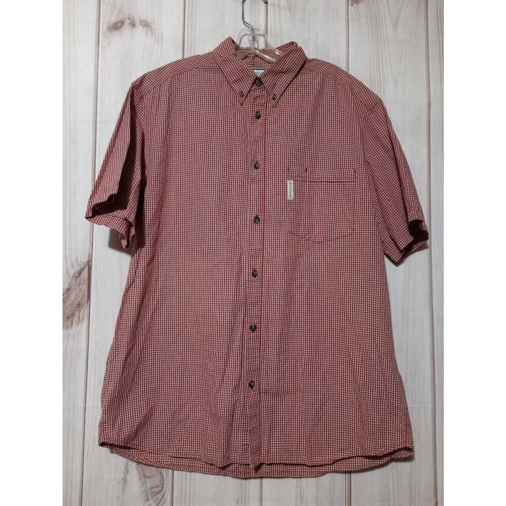 Columbia Shirt Men's Large Red Check Button Front Short Sleeve